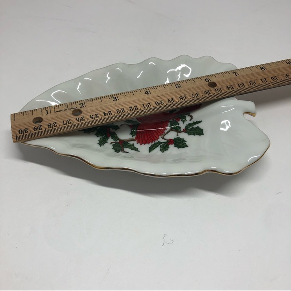 Lefton China Christmas Leaf Holly Cardinals Dish #1207 Hand Painted Gold Trim - Picture 5 of 11